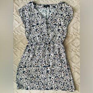 Women’s Floral Dress - Blue & Brown Button Up Short Sleeve Casual Dress